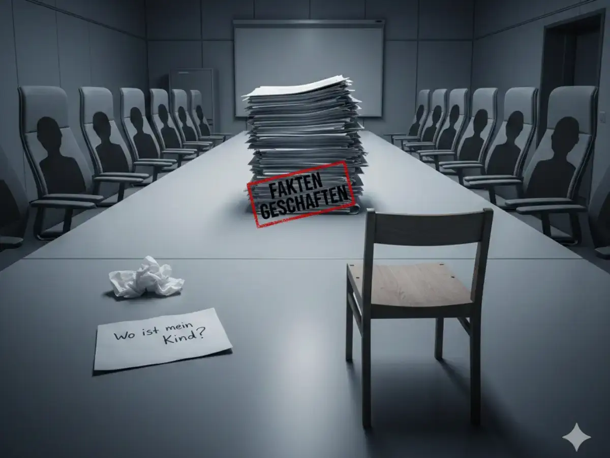 Symbolbild: Machtasymmetrie im Hilfeplangespräch KI-generiertes Symbolbild: Ein einsamer Holzstuhl an einem langen Konferenztisch gegenüber vielen leeren Stühlen, die für eine Übermacht an Behördenvertretern stehen. Auf dem Tisch liegt ein Zettel mit der Aufschrift 'Wo ist mein Kind?' und ein hoher Stapel Akten mit dem Stempel 'Fakten geschaffen'.